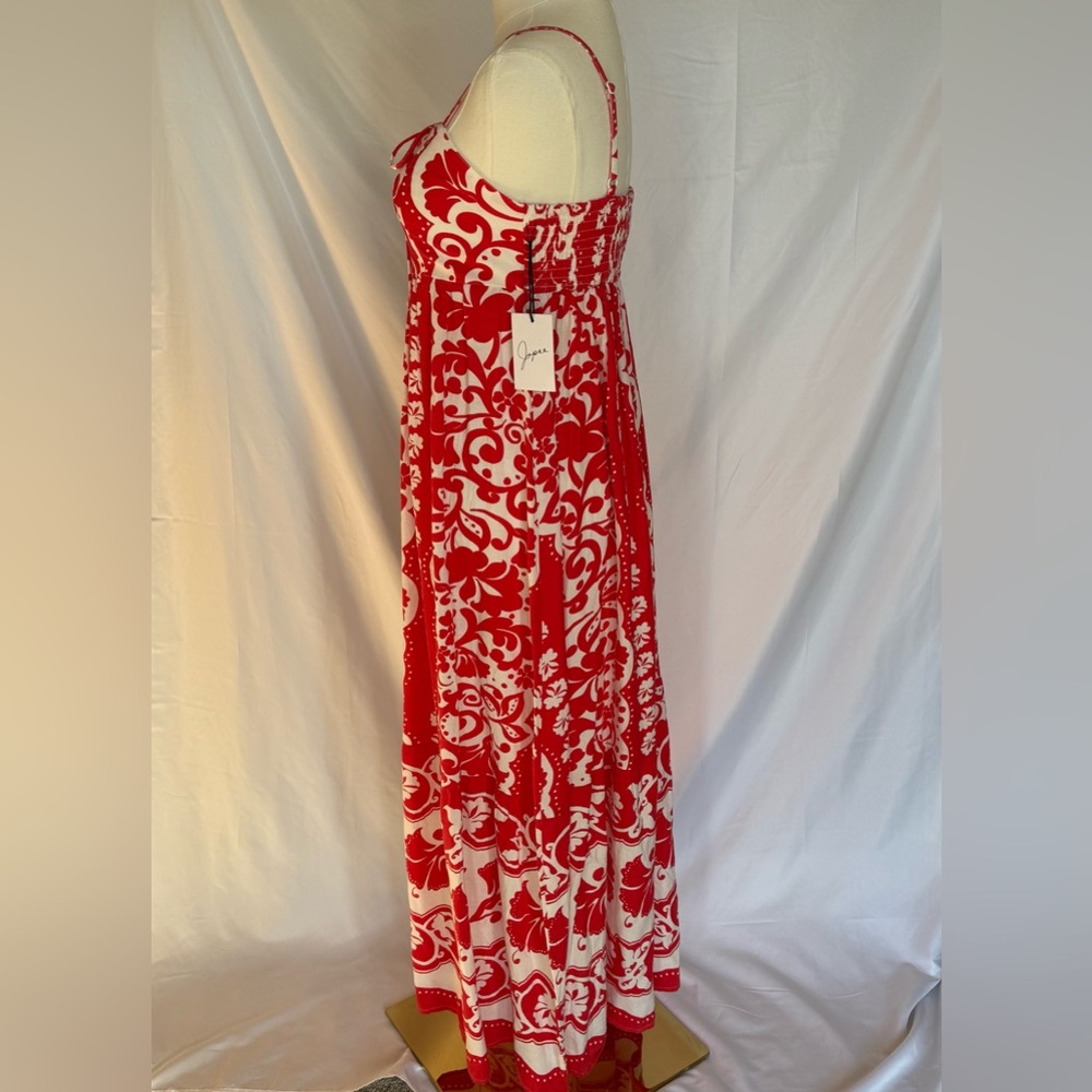 Nwt Japna Tropical Floral Maxi Dress - Small Red/White Smocked Cotton Blend - Picture 3 of 7